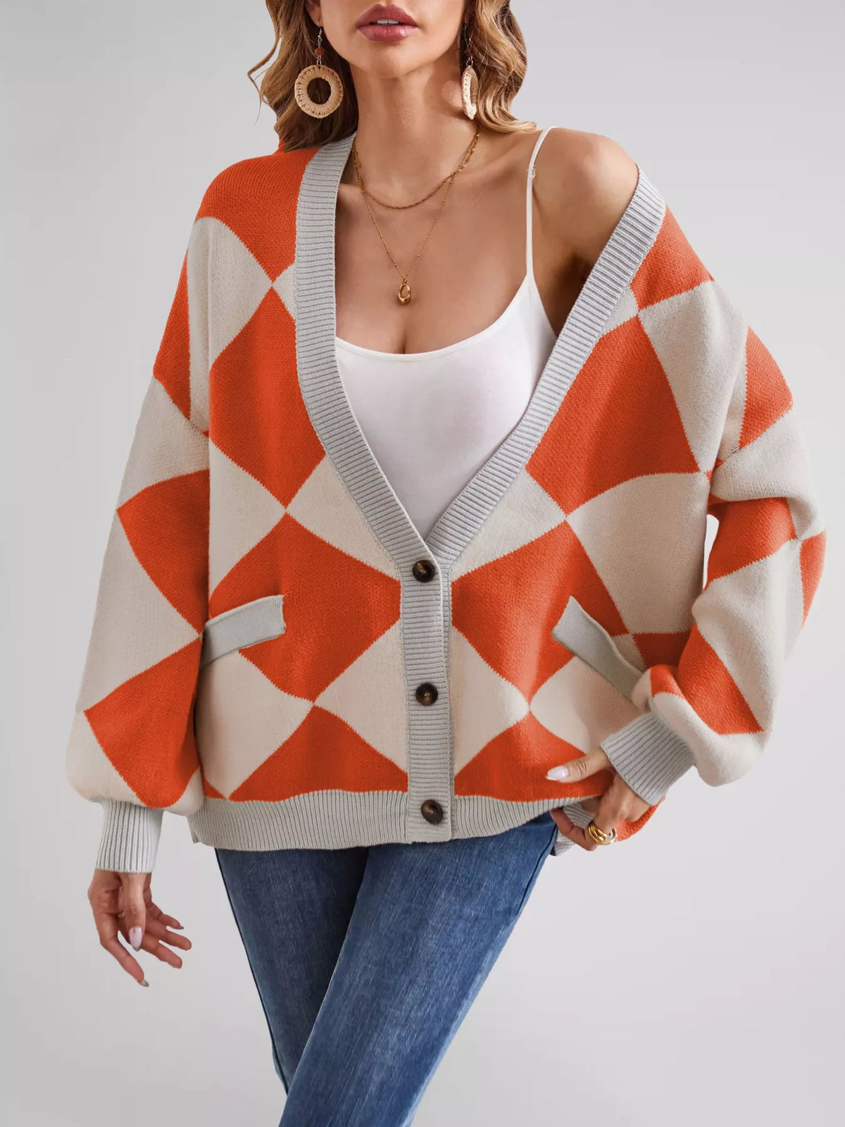 Diamond Pattern Button-up Knit Cardigan (22)
