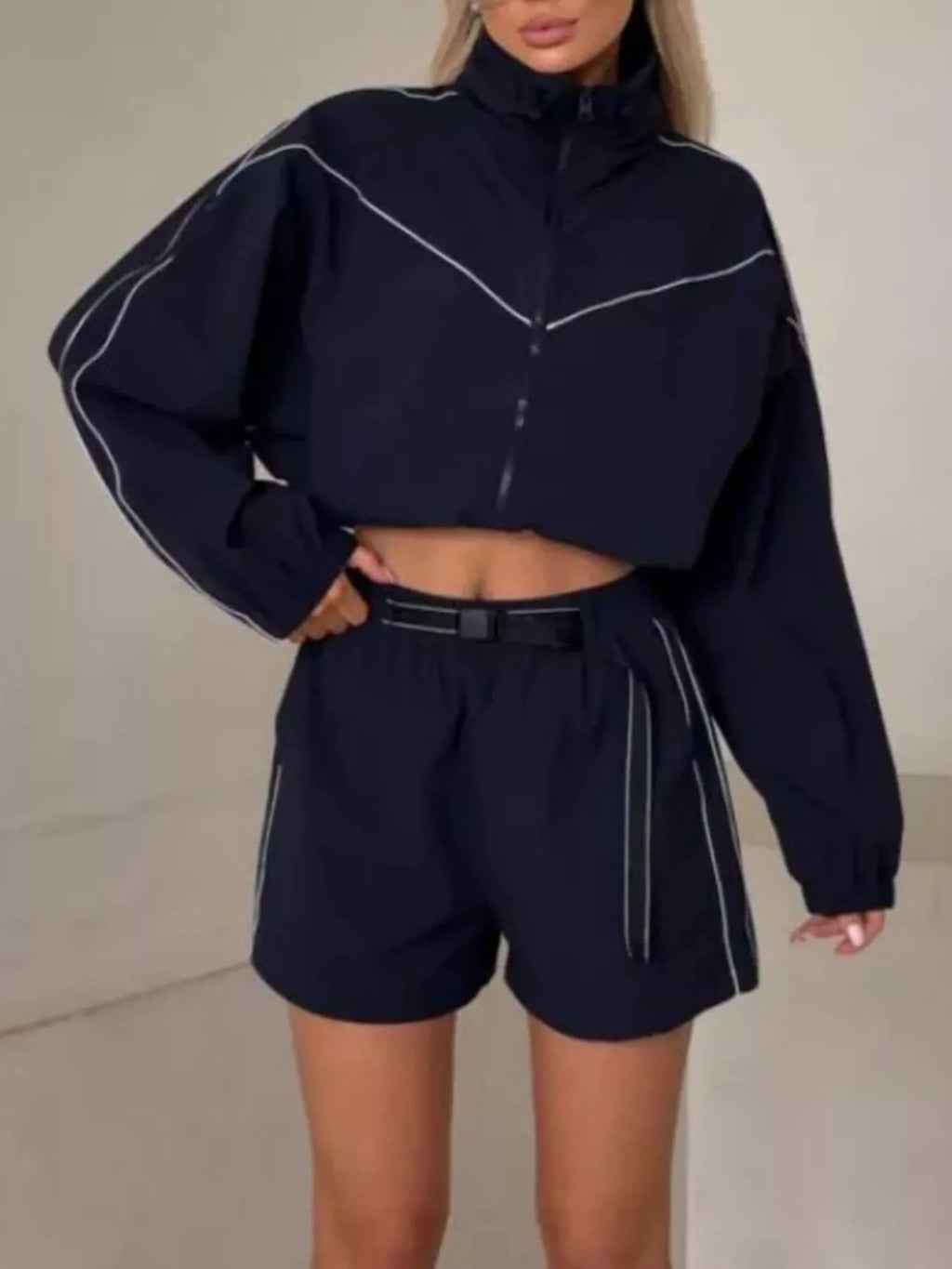Drawstring Zip-up Jacket Shorts Set (13)