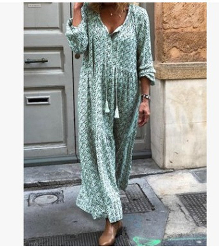 V-neck Print Maxi Dress variant CJNSSYLY06789-Green-L|CJNSSYLY06789-Green-M|CJNSSYLY06789-Green-5XL|CJNSSYLY06789-Green-S|CJNSSYLY06789-Green-XXL|CJNSSYLY06789-Green-3XL|CJNSSYLY06789-Green-XL|CJNSSYLY06789-Green-4XL