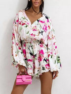 Floral V-neck Long Sleeve Romper Elastic Waist (5)