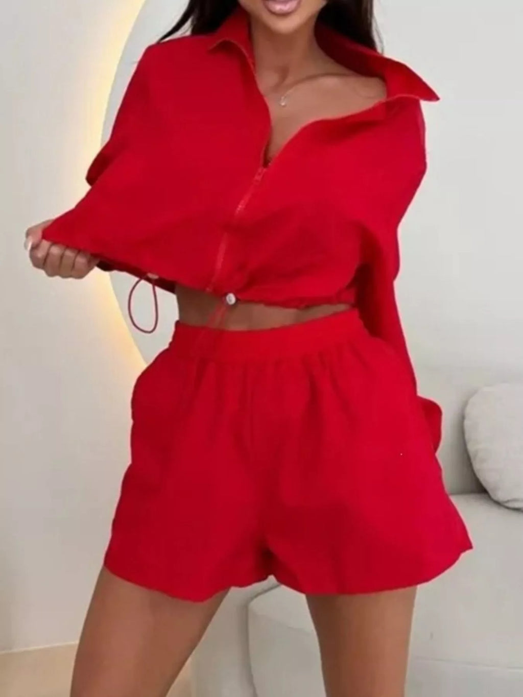 Zip-up Crop Jacket High-waisted Shorts Set (3)