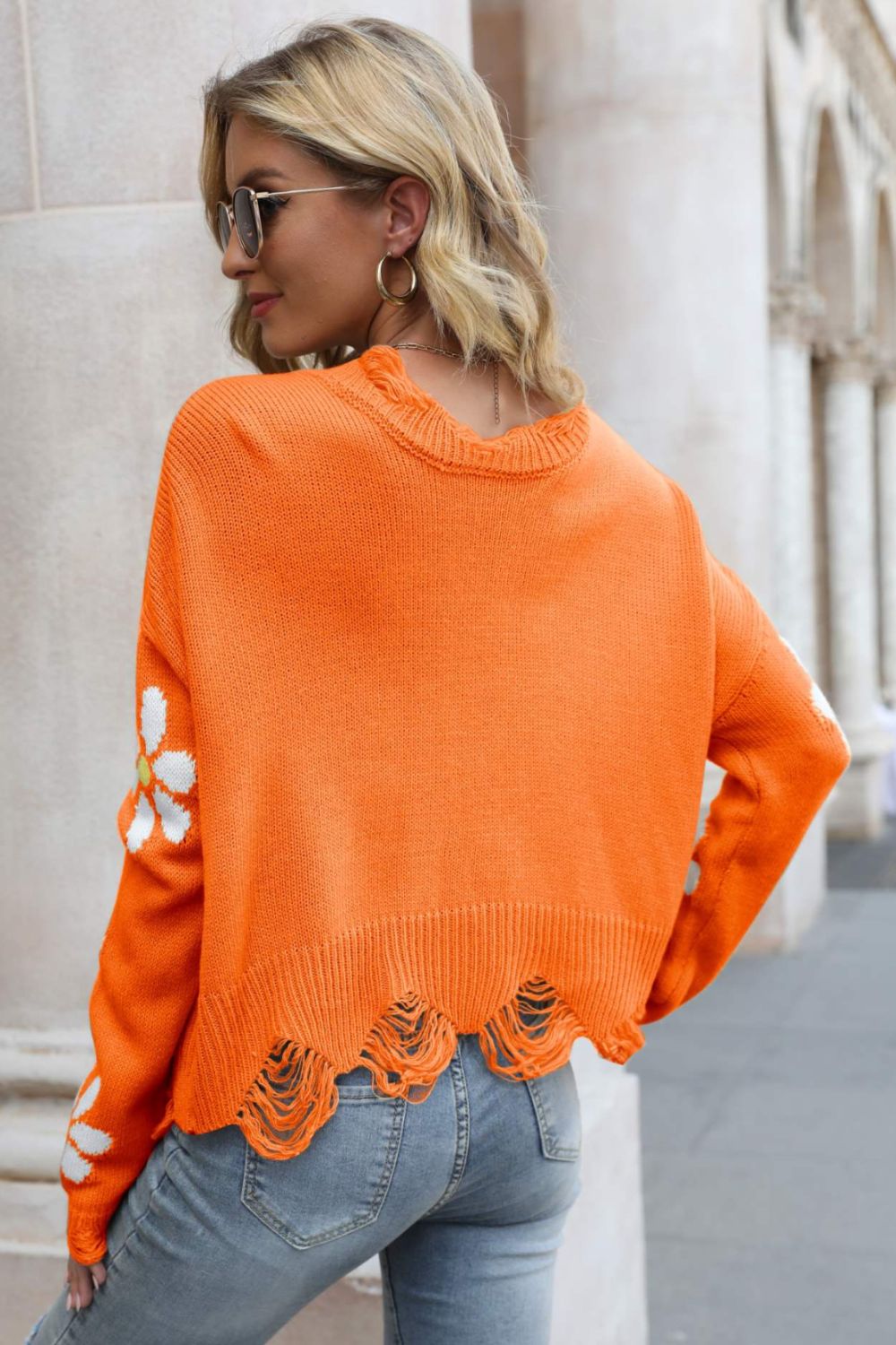 Flower Distressed Ribbed Trim Sweater (5)