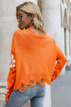 Flower Distressed Ribbed Trim Sweater (5)