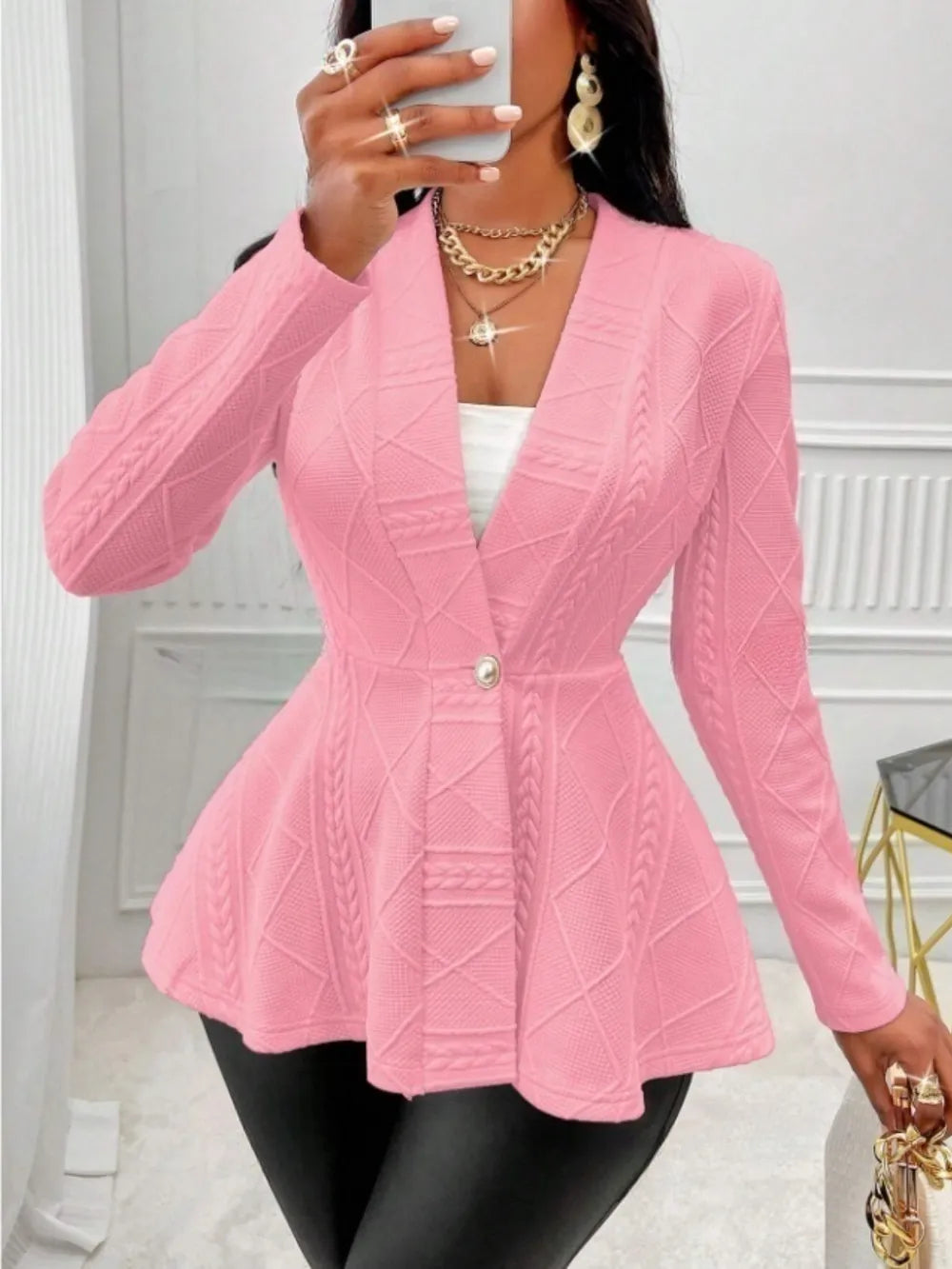 One Button Textured Peplum Cardigan (33)