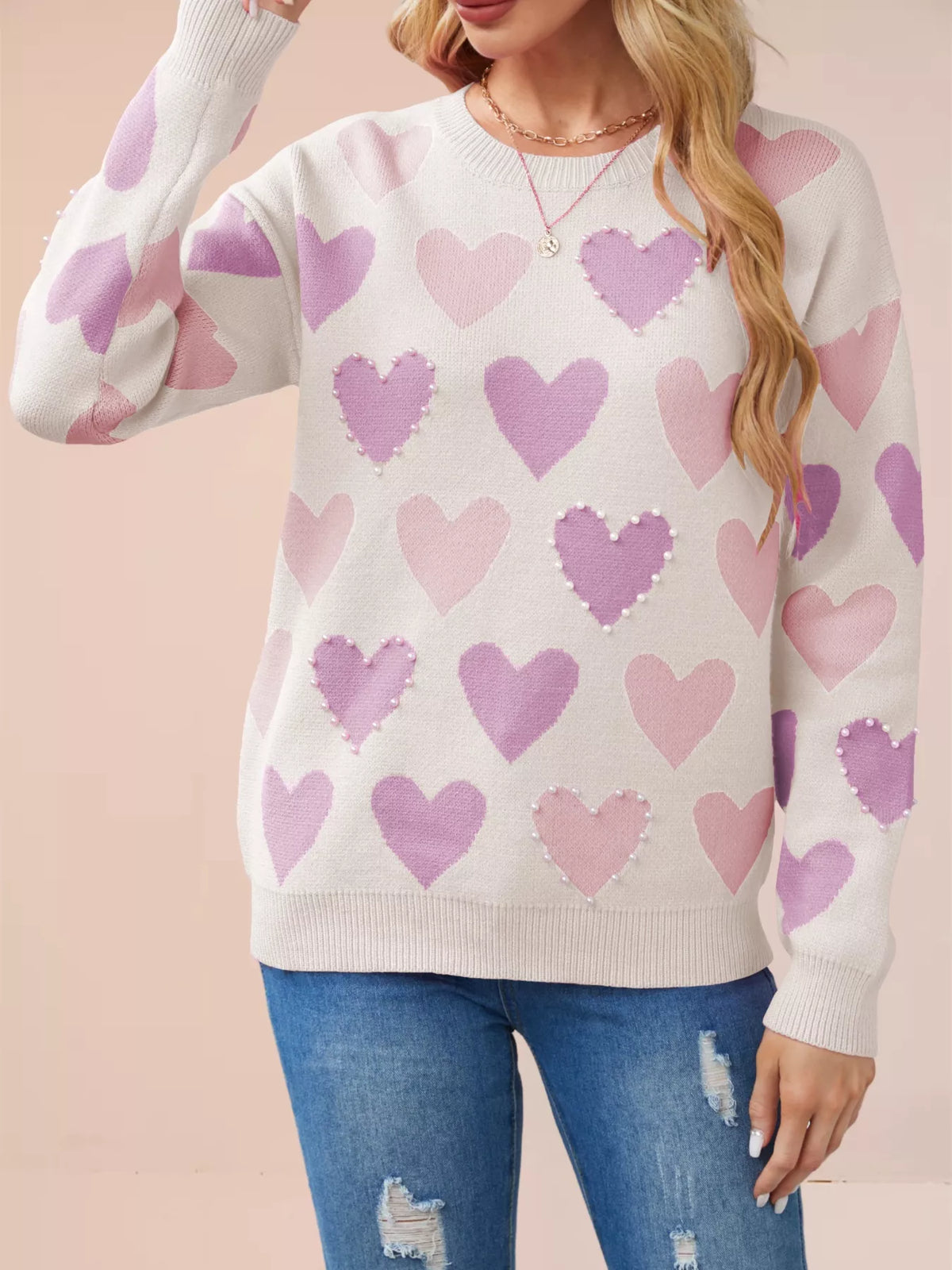 Heart Pattern Beaded Round Neck Sweater (8)