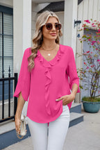 Ruffled V-neck Three-quarter Sleeve Blouse (9)