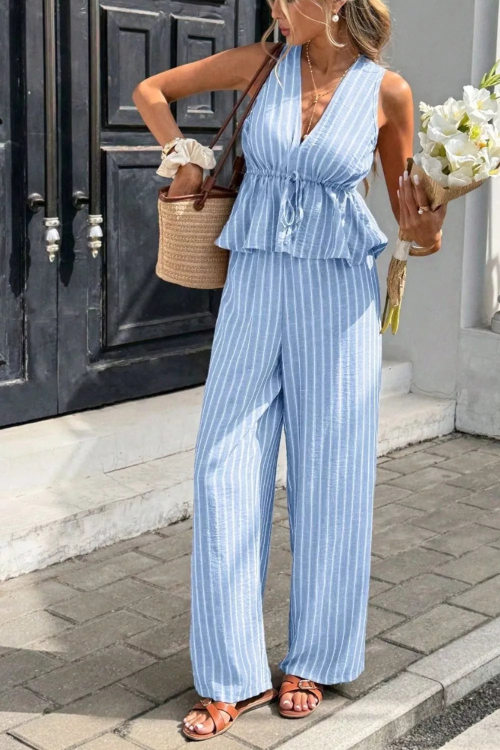 Striped Sleeveless Top Wide Leg Pants Set (15)