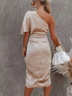 One-shoulder Satin Wrap Dress Side Slit (3)