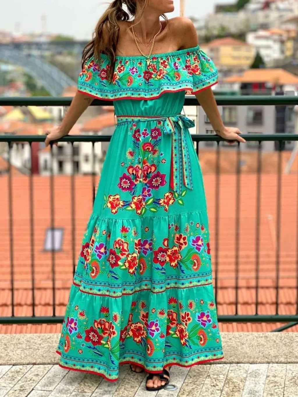 Floral Off Shoulder Ruffle Maxi Dress (11)