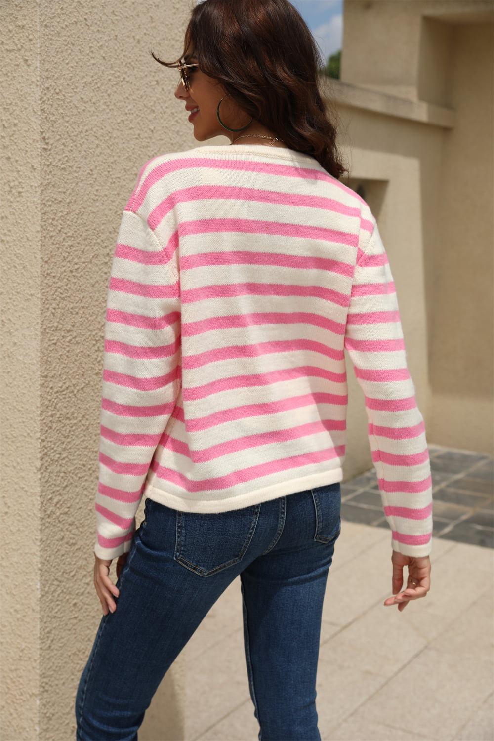 Striped Round Neck Button-down Dropped Shoulder Cardigan (3)