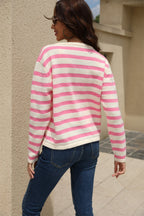 Striped Round Neck Button-down Dropped Shoulder Cardigan (3)