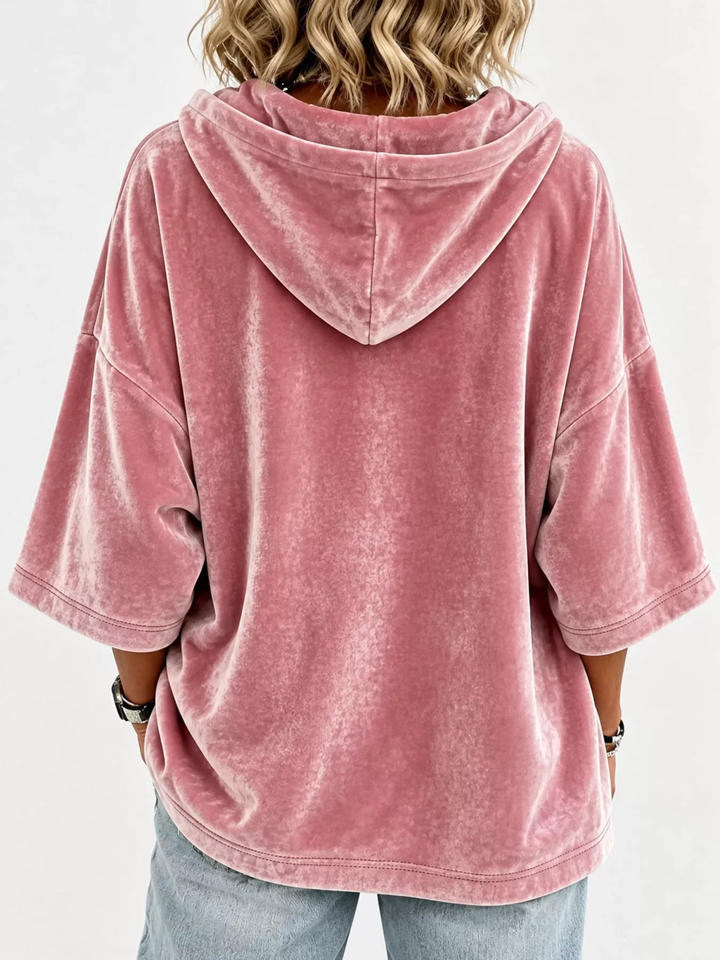 Full Size Velvet Half Sleeve Hoodie Drawstring Plus (17)