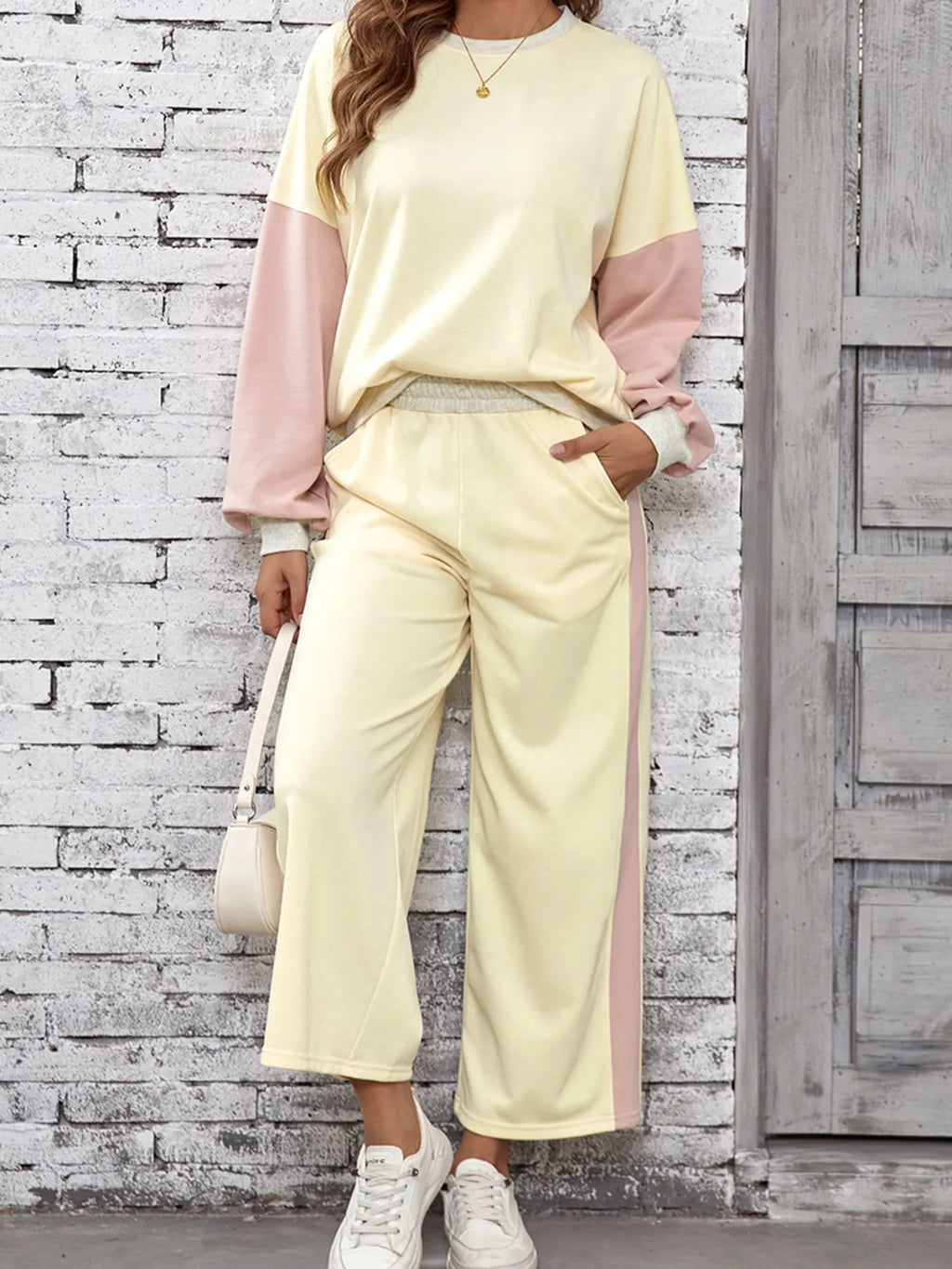 Block Round Neck Top Pants Set