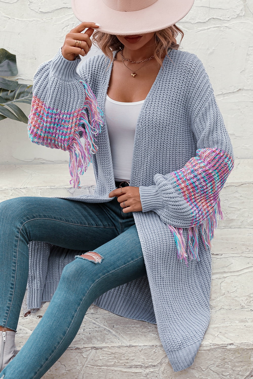 Fringe Sleeve Dropped Shoulder Cardigan (3)