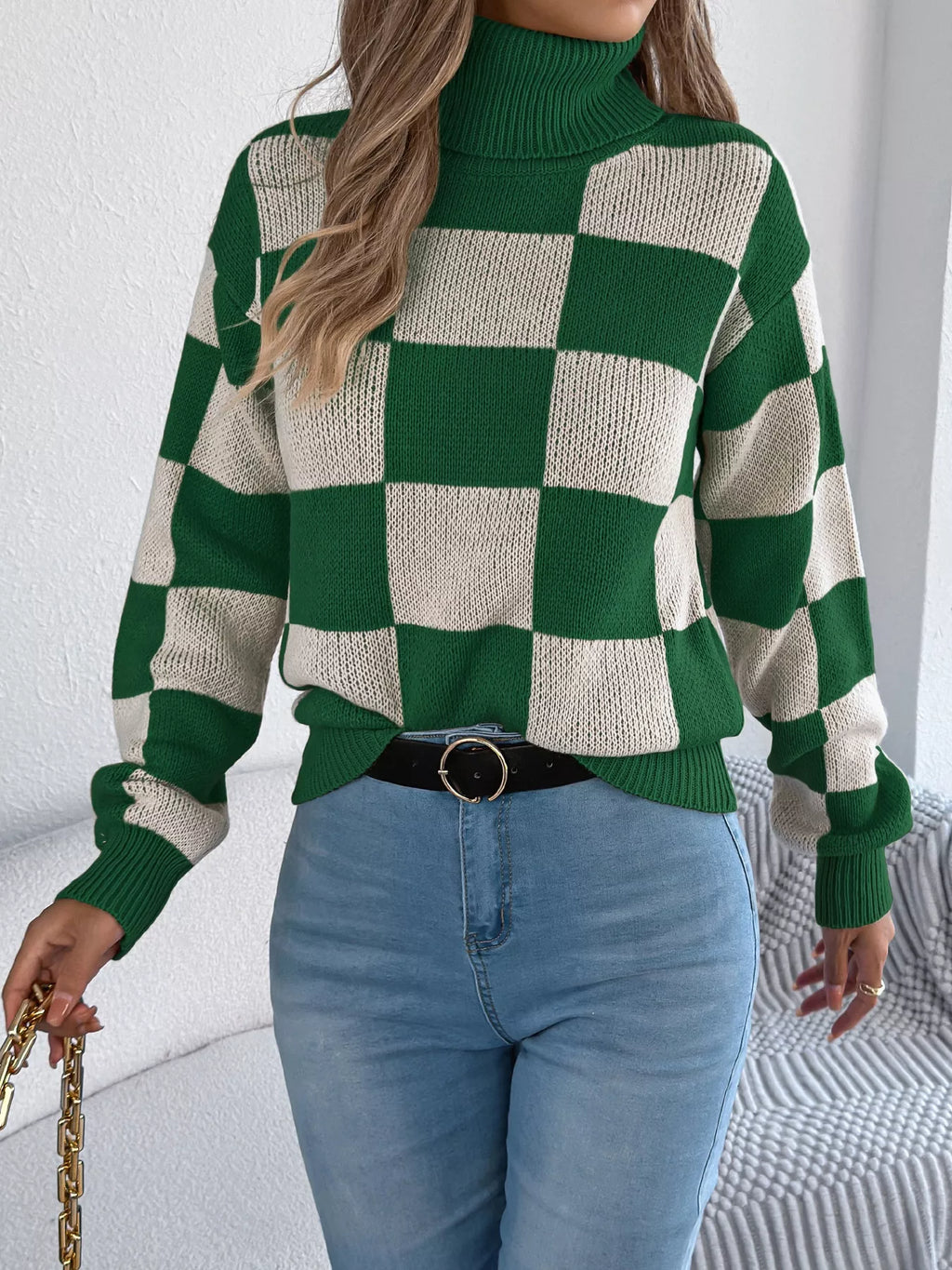 Checkered Turtleneck Long Sleeve Sweater (3)