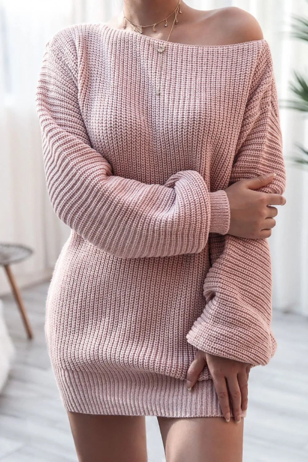 Boat Neck Long Sleeve Mini Sweater Dress (3)