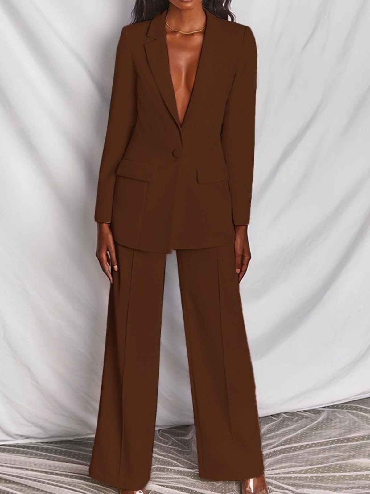 Full Size One Button Blazer Wide-leg Pants Set Plus (9)