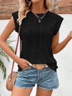 Eyelet Round Neck Cap Sleeve Top (11)