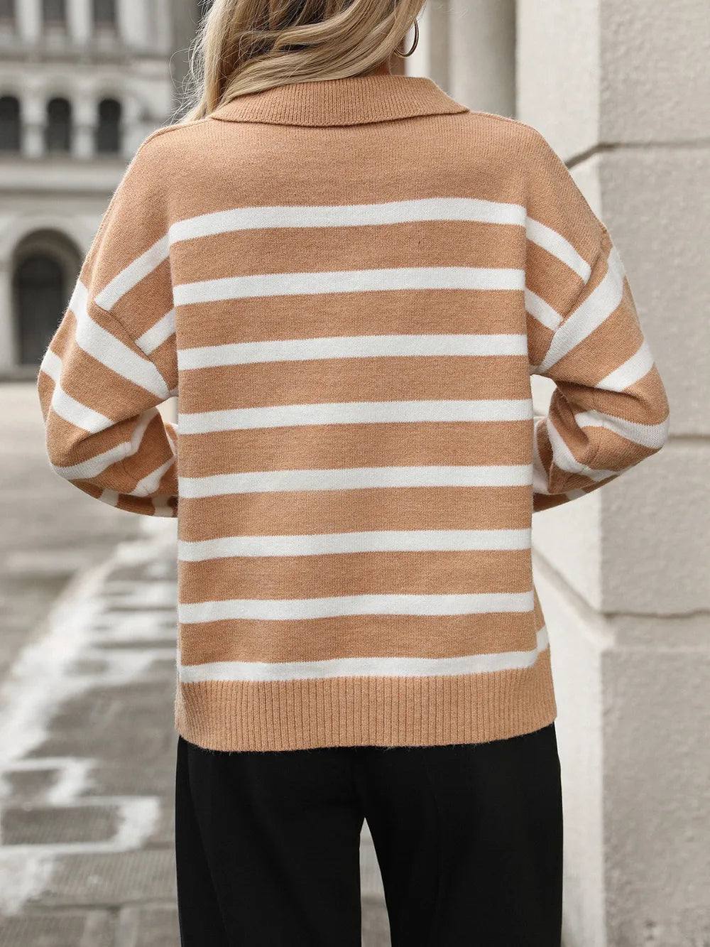 Striped Johnny Collar Long Sleeve Sweater (6)