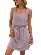 Eyelet Drawstring Round Neck Sleeveless Dress (11)
