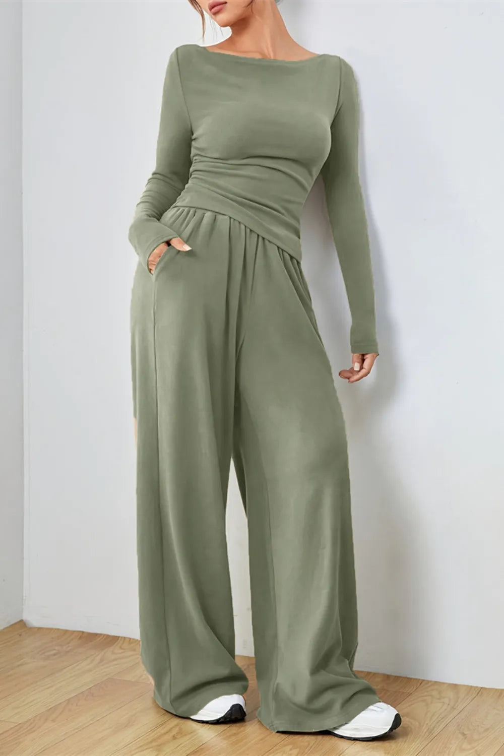 Boat Neck Long Sleeve Top Pants Set (3)