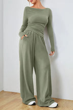 Boat Neck Long Sleeve Top Pants Set (3)