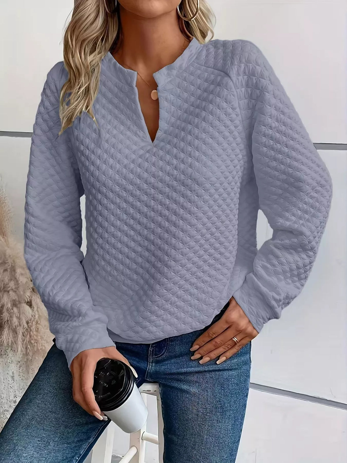 Quilted Texture Long Sleeve Sweatshirt Notched Neck (7)
