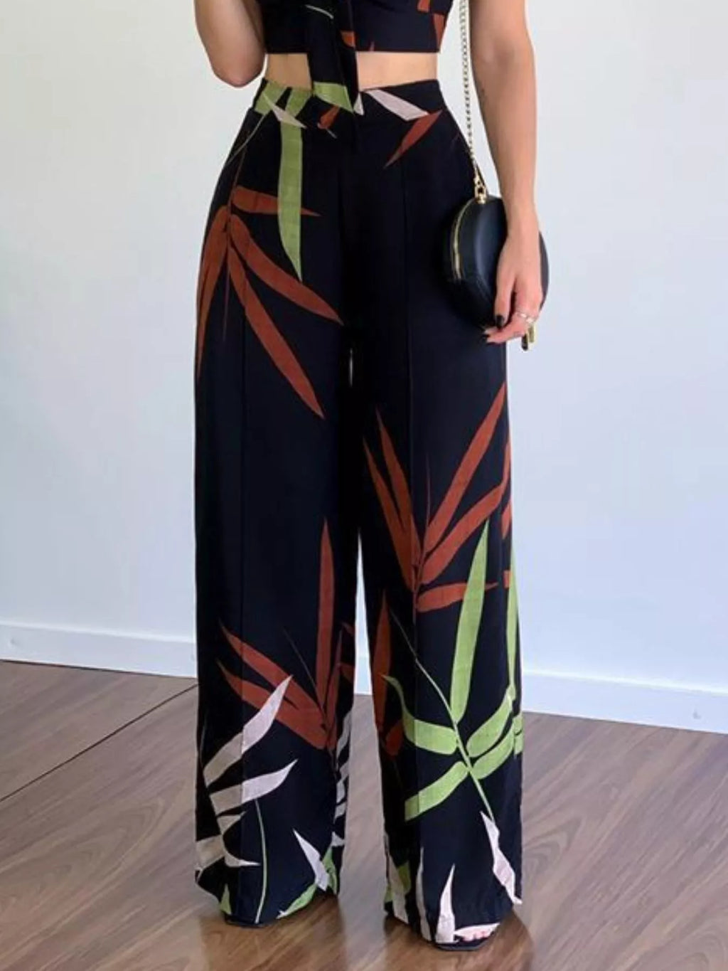Tropical Print Spaghetti Strap Crop Top Wide Leg Pants Set (3)