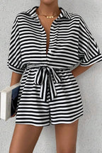 Striped Collared Neck Tie Waist Romper (8)