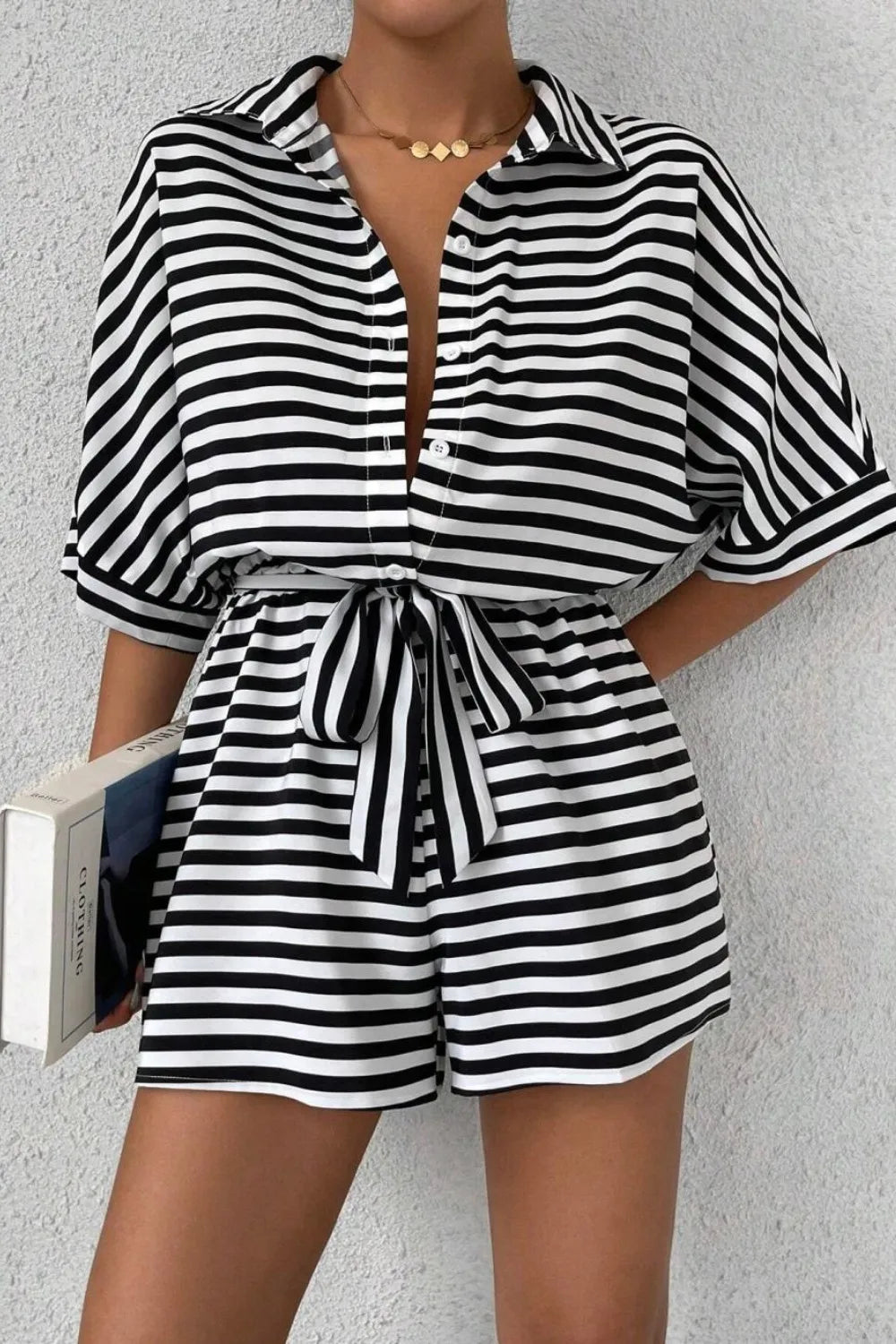 Striped Collared Neck Tie Waist Romper (8)