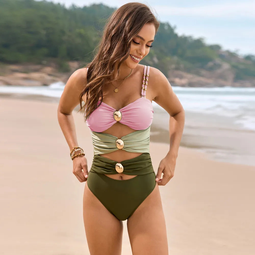Block Sweetheart Neck One-piece Swimwear (14)
