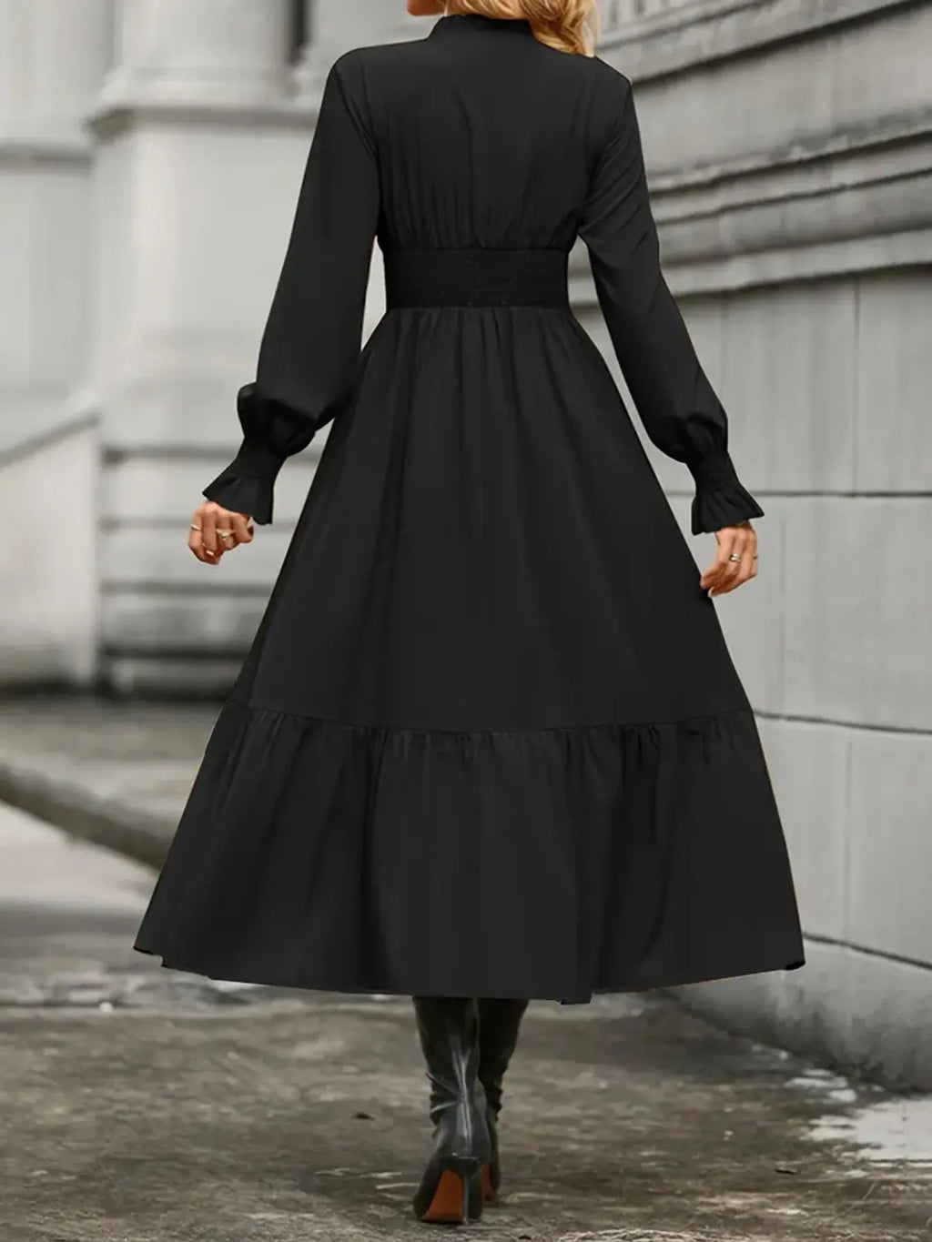 Notched Long Sleeve Tiered Dress (10)