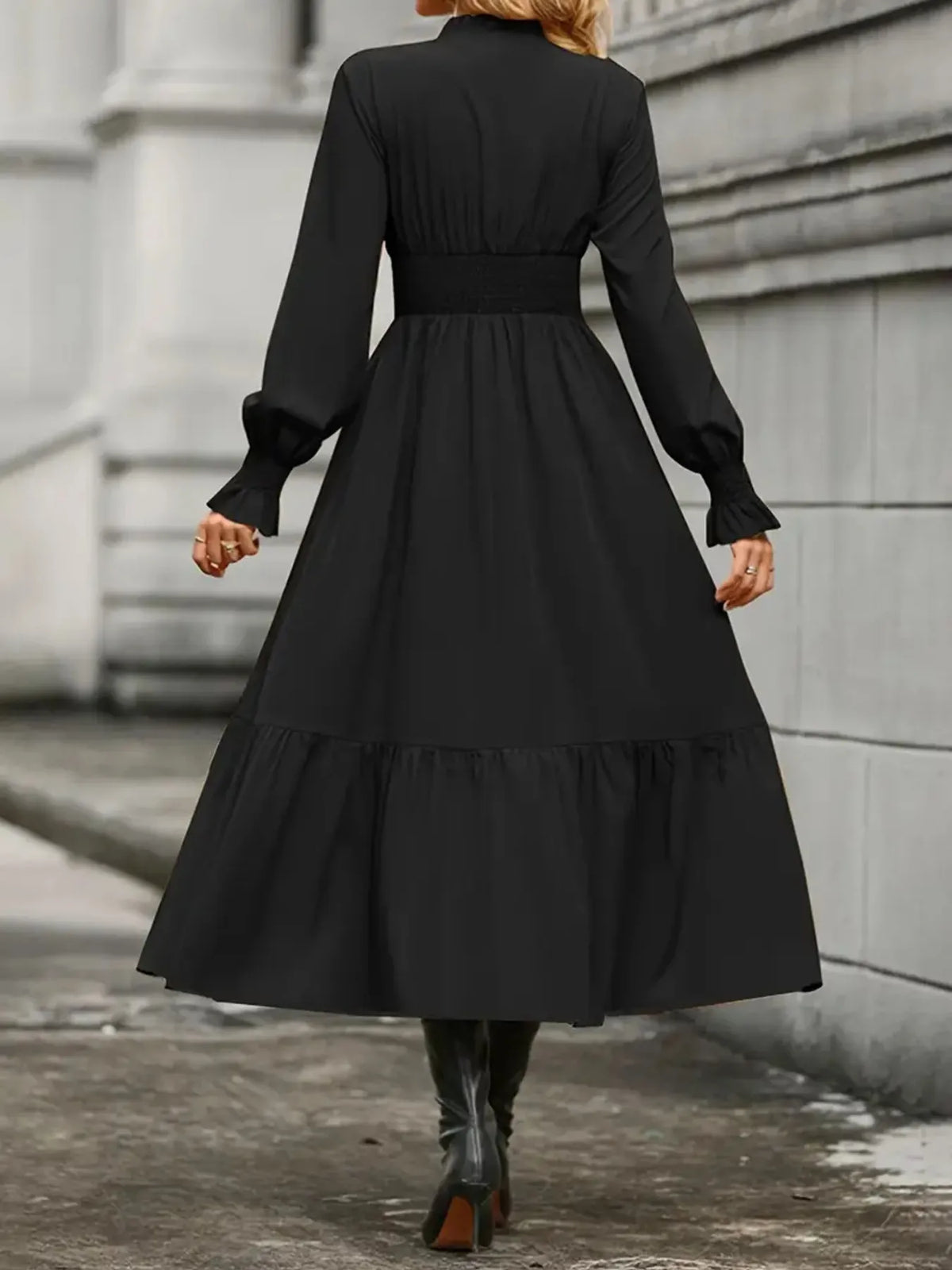 Notched Long Sleeve Tiered Dress (10)