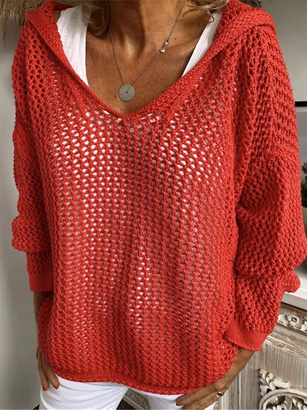 Openwork Hooded Long Sleeve Sweater (11)