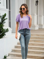 Eyelet Round Neck Short Sleeve Blouse (20)