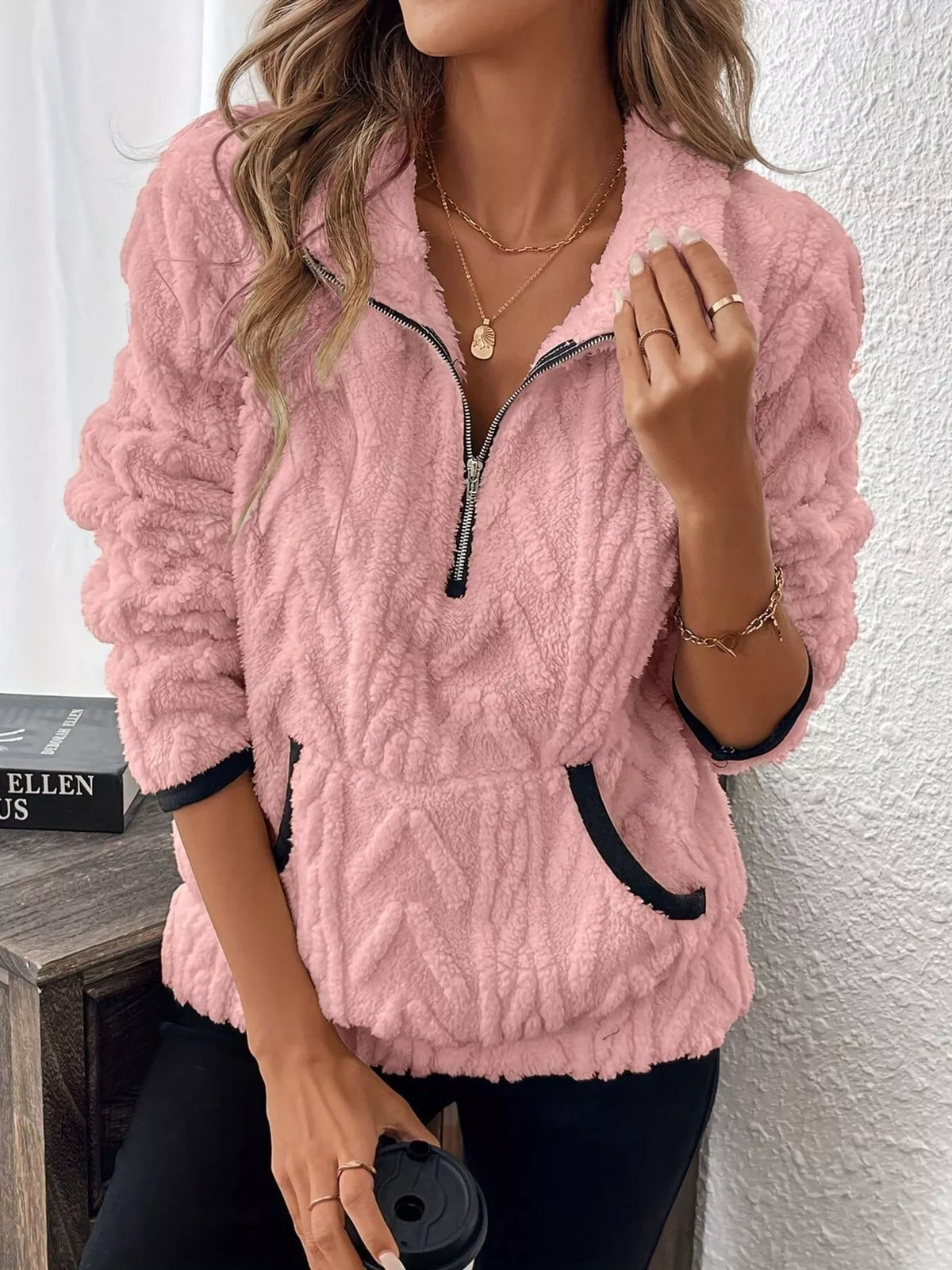 Full Size Half Zip Kangaroo Pocket Sweatshirt Plus (29)