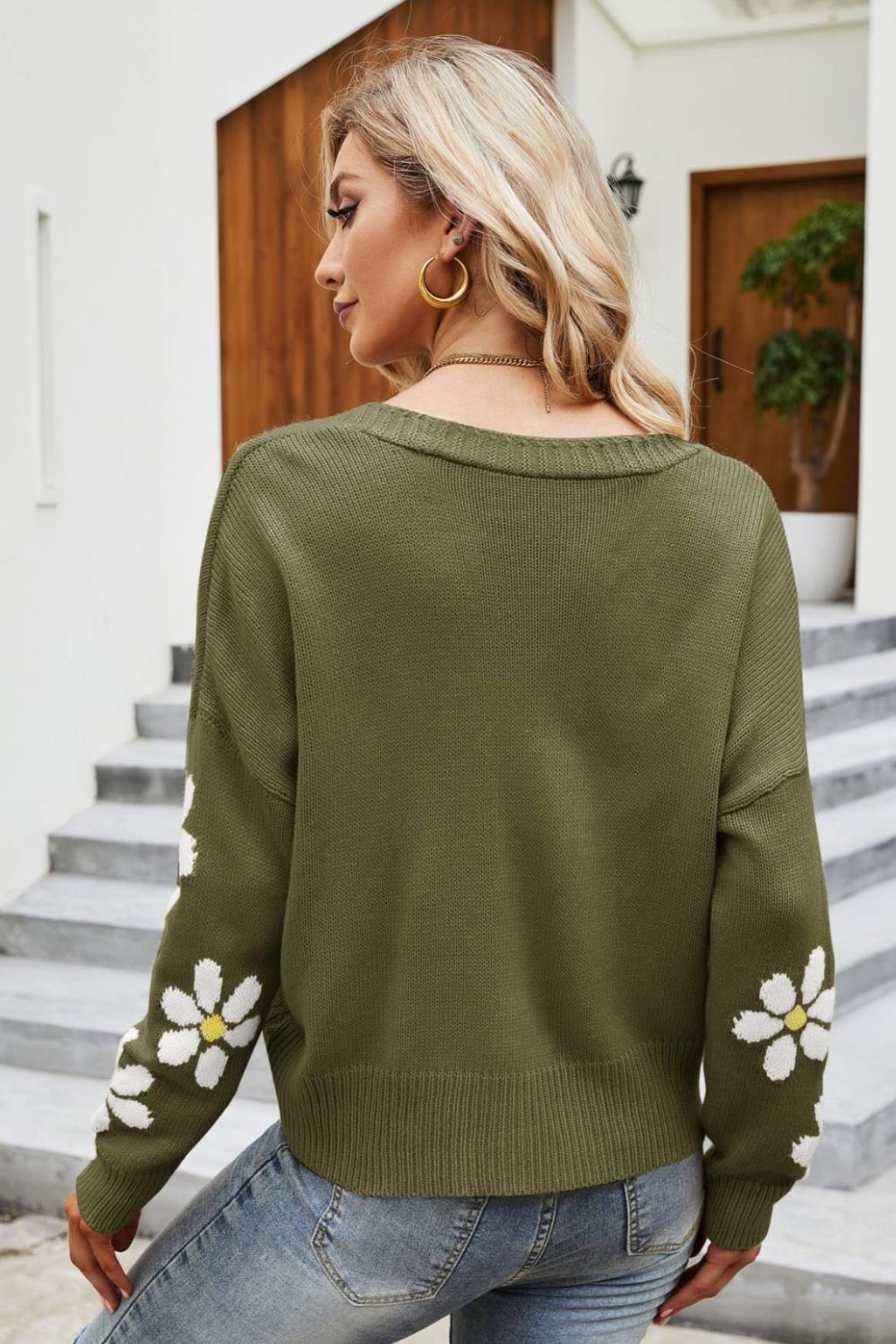 Floral Ribbed Trim Drop Shoulder Cardigan (9)