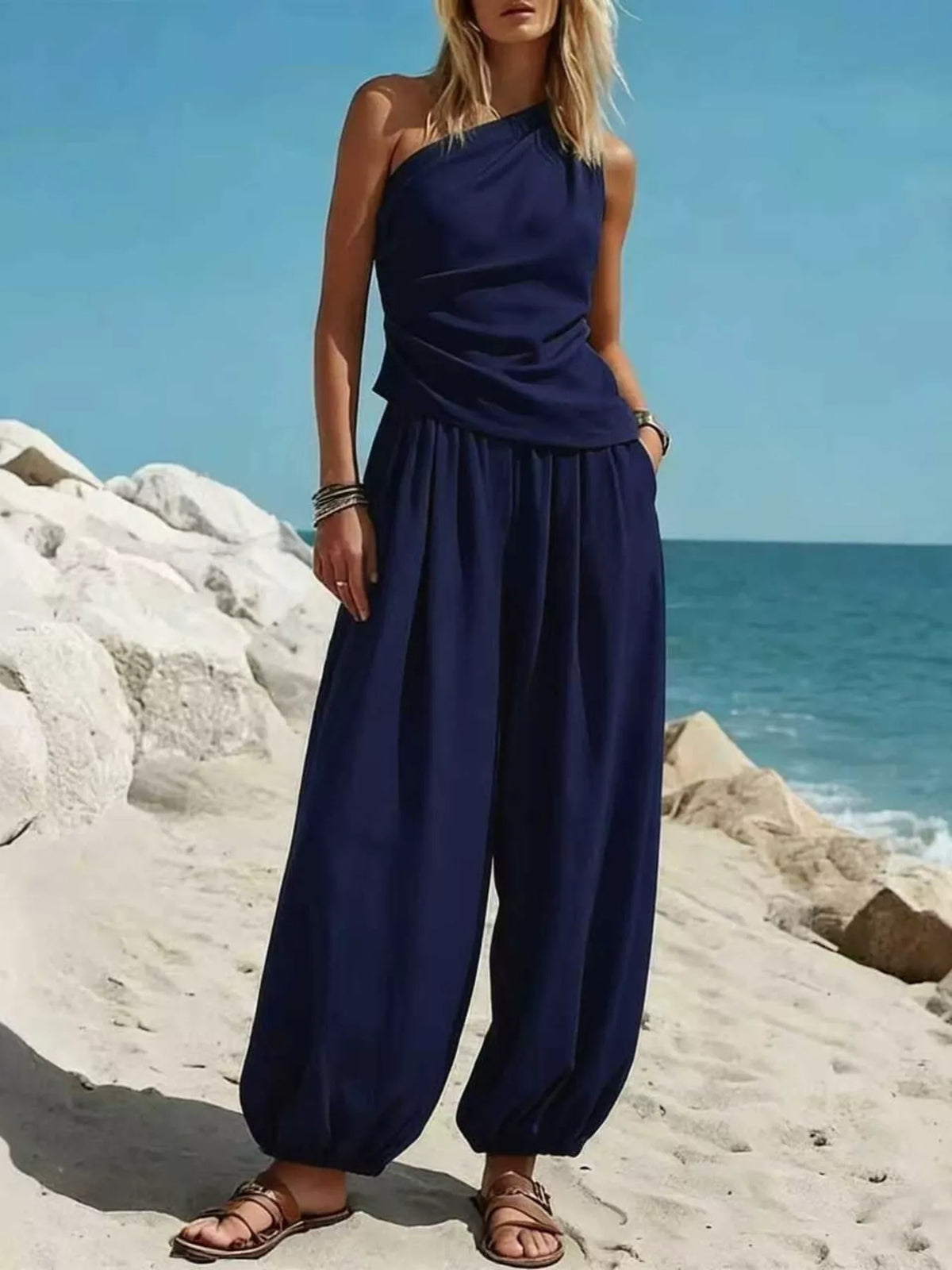 Full Size One-shoulder Top Wide-leg Pants Set Plus (4)