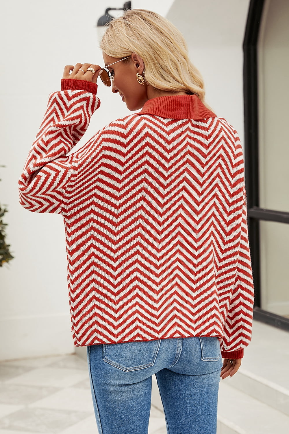 Striped Collared Neck Buttoned Pullover Sweater (8)