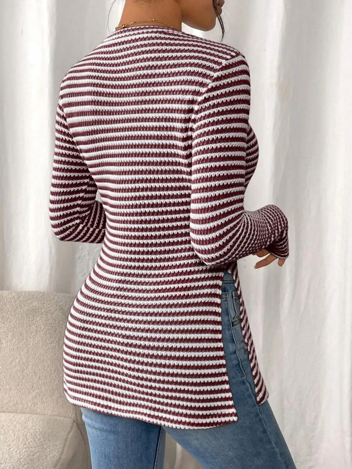 Side Slit Striped Long Sleeve T-shirt (18)