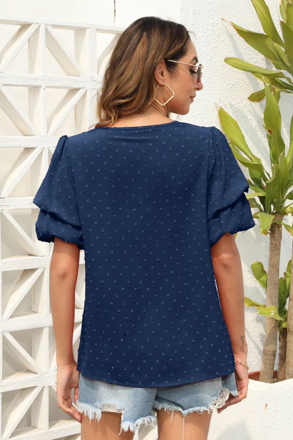 Swiss Dot V-neck Short Sleeve Blouse (2)