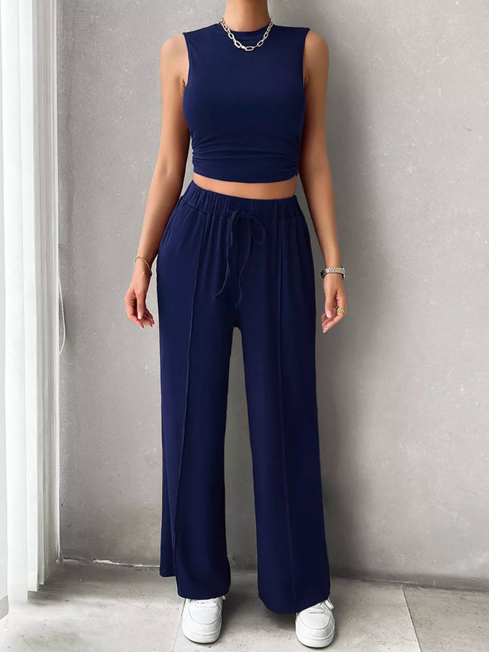 Mock Neck Sleeveless Top Drawstring Pants Set (4)