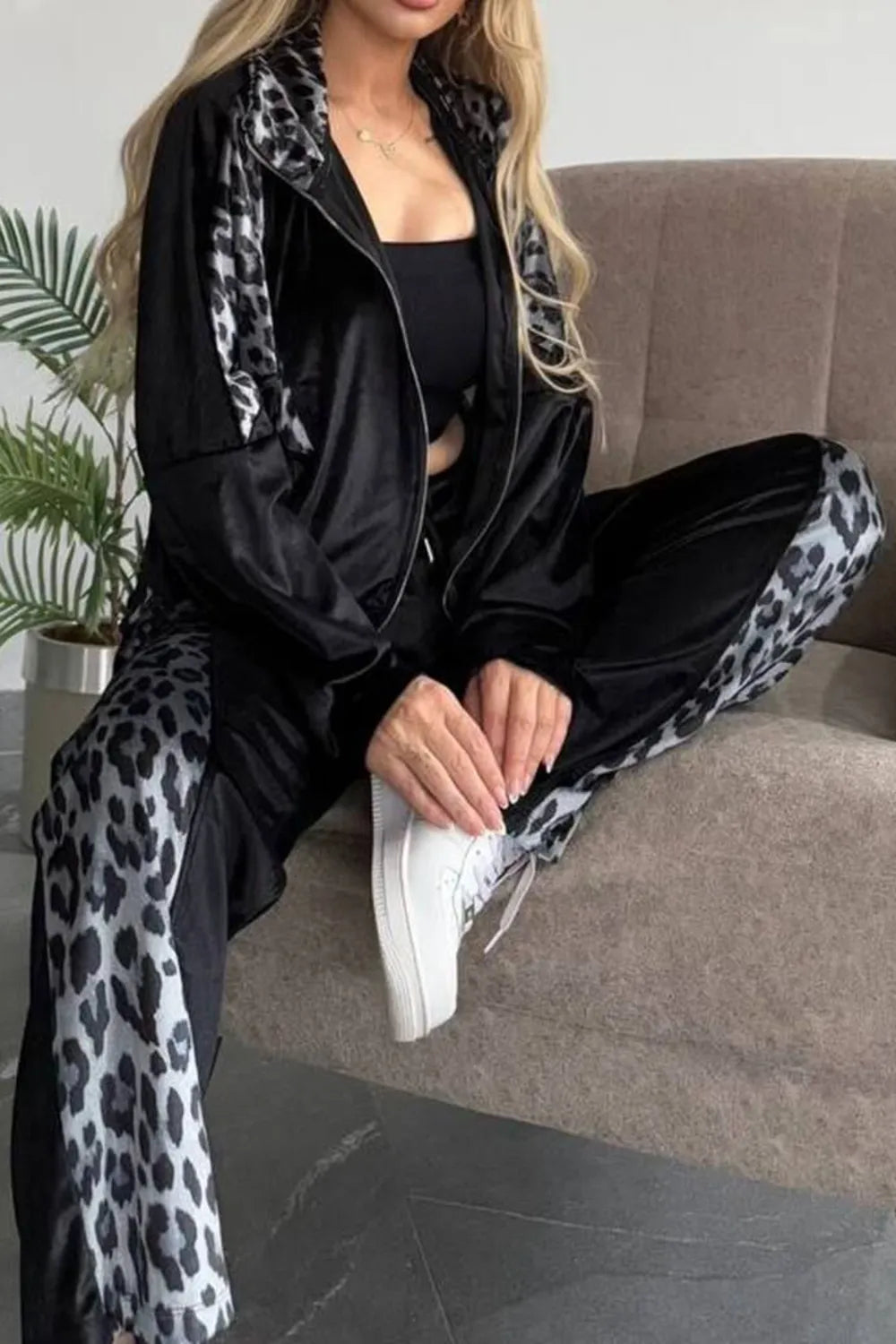 Full Size Collared Neck Leopard Zip Up Top Pants Set Plus (6)