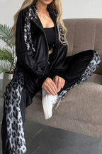 Full Size Collared Neck Leopard Zip Up Top Pants Set Plus (6)