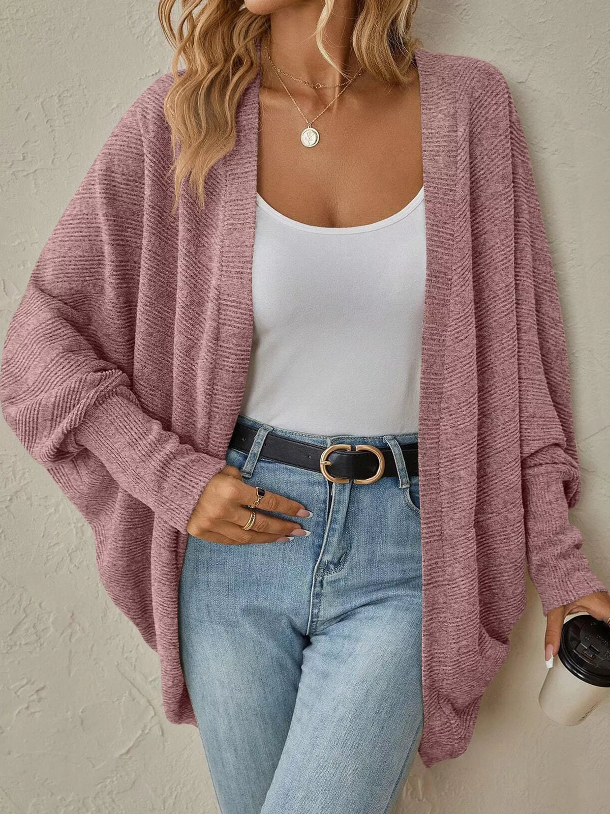 Casual Open Front Batwing Sleeve Ribbed Knit Cardigan (11)