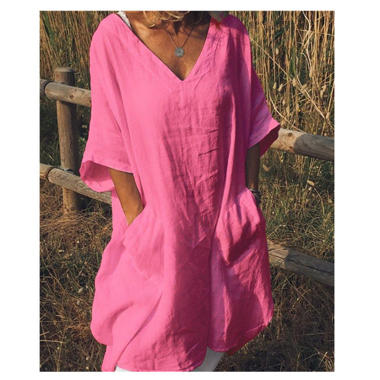 Oversized V-neck Midi Dress variant CJNSSYCS05562-Rose Red-M|CJNSSYCS05562-Rose Red-5XL|CJNSSYCS05562-Rose Red-S|CJNSSYCS05562-Rose Red-L|CJNSSYCS05562-Rose Red-XL|CJNSSYCS05562-Rose Red-4XL|CJNSSYCS05562-Rose Red-XXL|CJNSSYCS05562-Rose Red-3XL