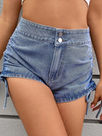Ruched Side Drawstring Denim Shorts (5)