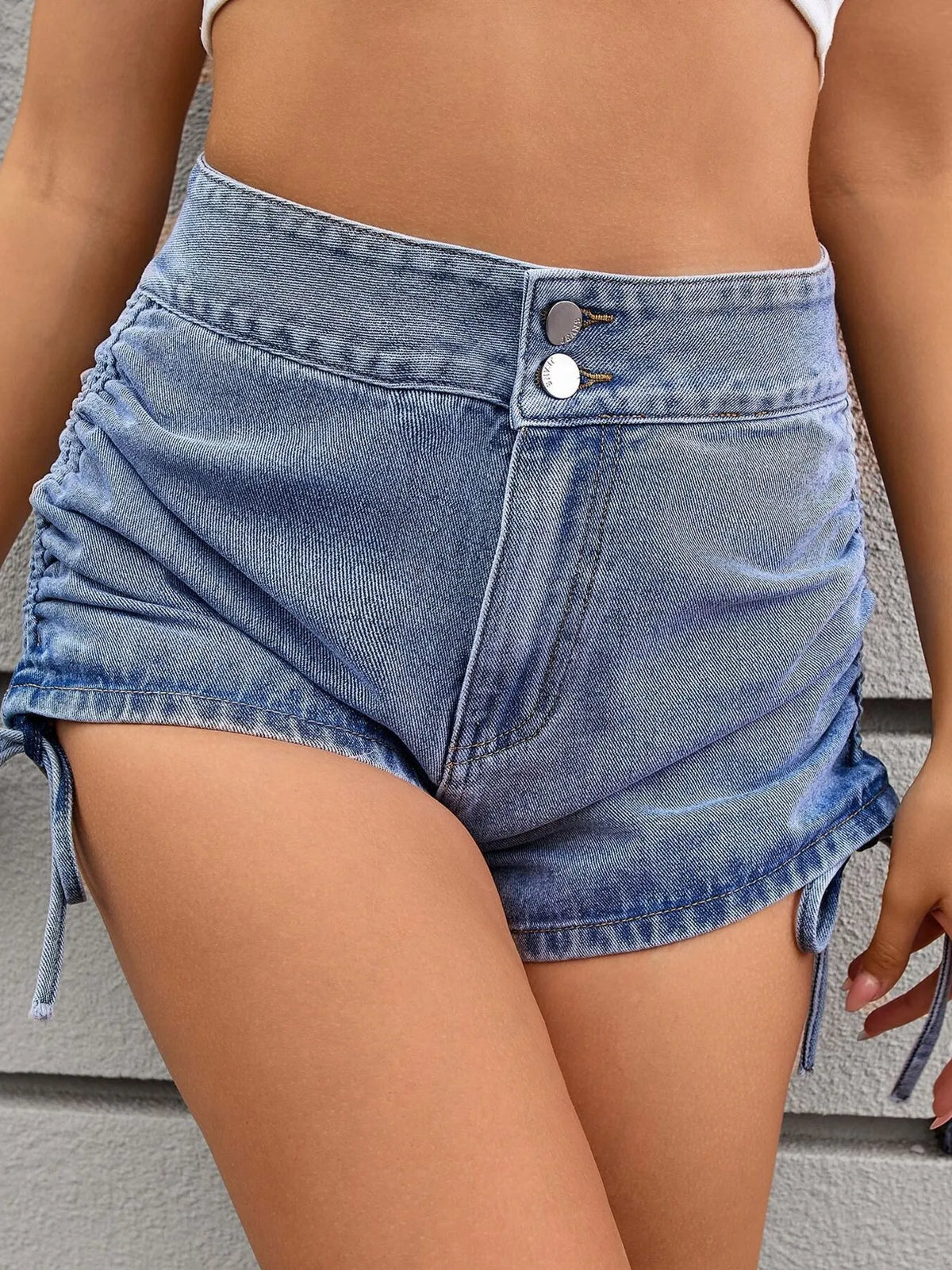 Ruched Side Drawstring Denim Shorts (5)