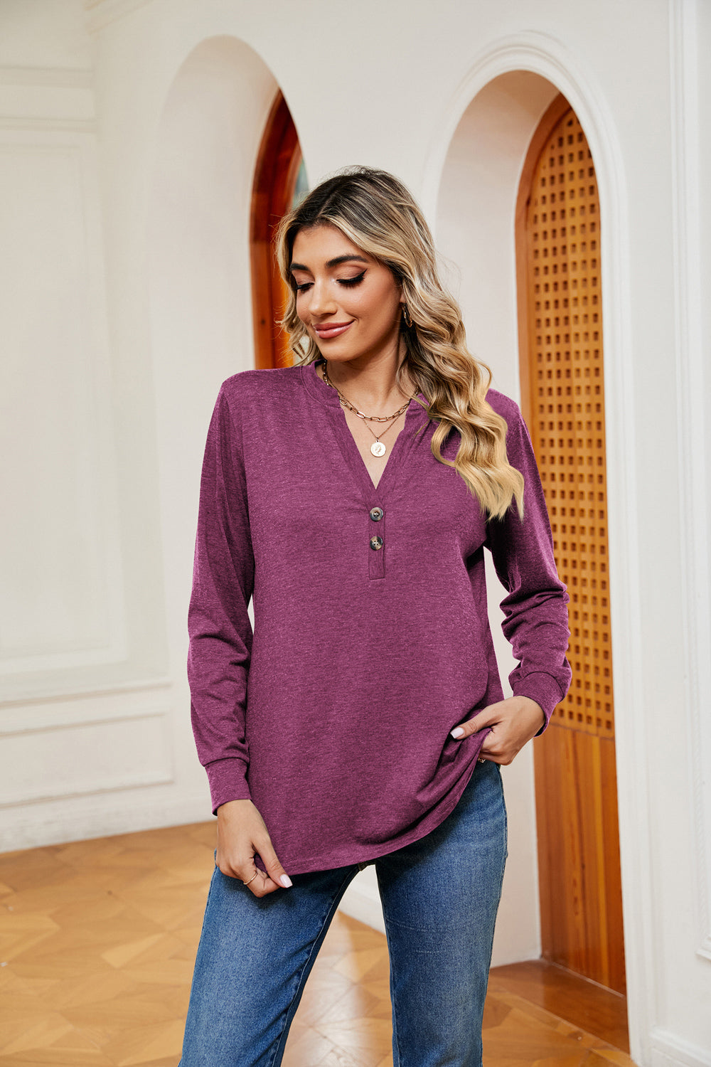 Buttoned Notched Neck Long Sleeve Top (19)