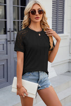 Openwork Round Neck Short Sleeve T-shirt (10)